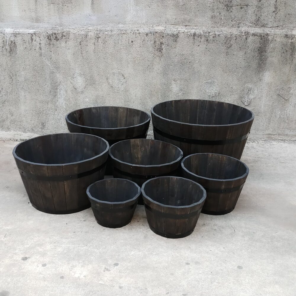 Wooden Barrel Planter Set - Espresso (5-Piece)