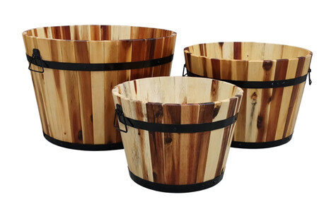 [planter_01] Wooden Barrel Planter Set - Dark Stain (3-Size)