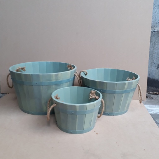[planter_05] Wooden Barrel Planter Set - Teal with Rope Handle